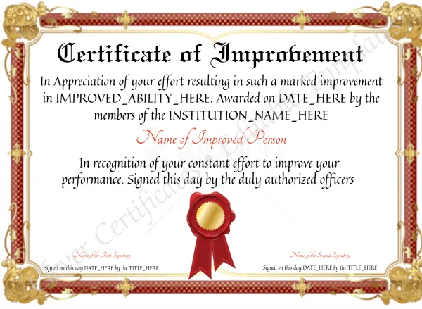 Customizable Certificate Of Improvement