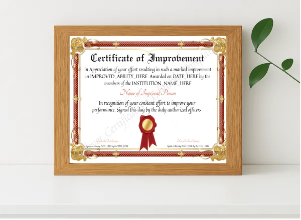 Realistic mockup featuring Customizable Certificate Of Improvement displayed within a modern frame, set against a minimalistic background.