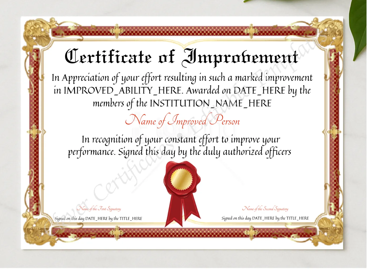 Customizable Certificate Of Improvement presented in a sleek wooden frame, elegantly arranged on a stylish table.