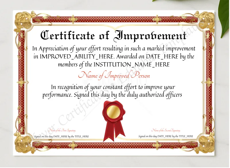 Customizable Certificate Of Improvement presented in a sleek wooden frame, elegantly arranged on a stylish table.