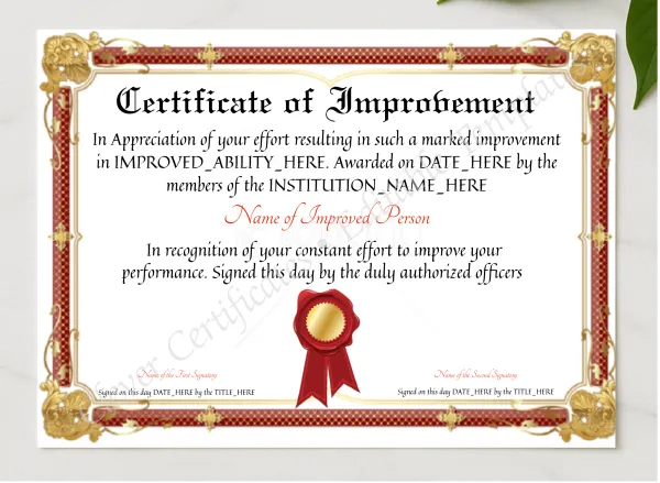 Customizable Certificate Of Improvement presented in a sleek wooden frame, elegantly arranged on a stylish table.