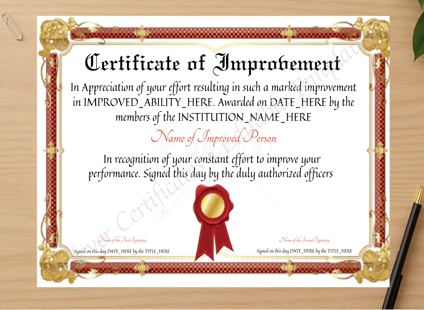 Professional preview of Customizable Certificate Of Improvement certificate on high-quality stationery paper, ideal for showcasing the final look.