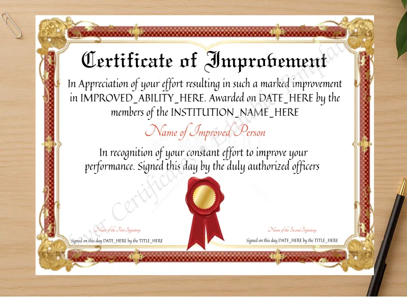Professional preview of Customizable Certificate Of Improvement certificate on high-quality stationery paper, ideal for showcasing the final look.