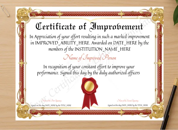 Professional preview of Customizable Certificate Of Improvement certificate on high-quality stationery paper, ideal for showcasing the final look.