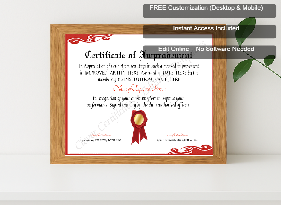 Premium mockup with Free Editor badge stack for Editable Elegant Certificate Of Improvement