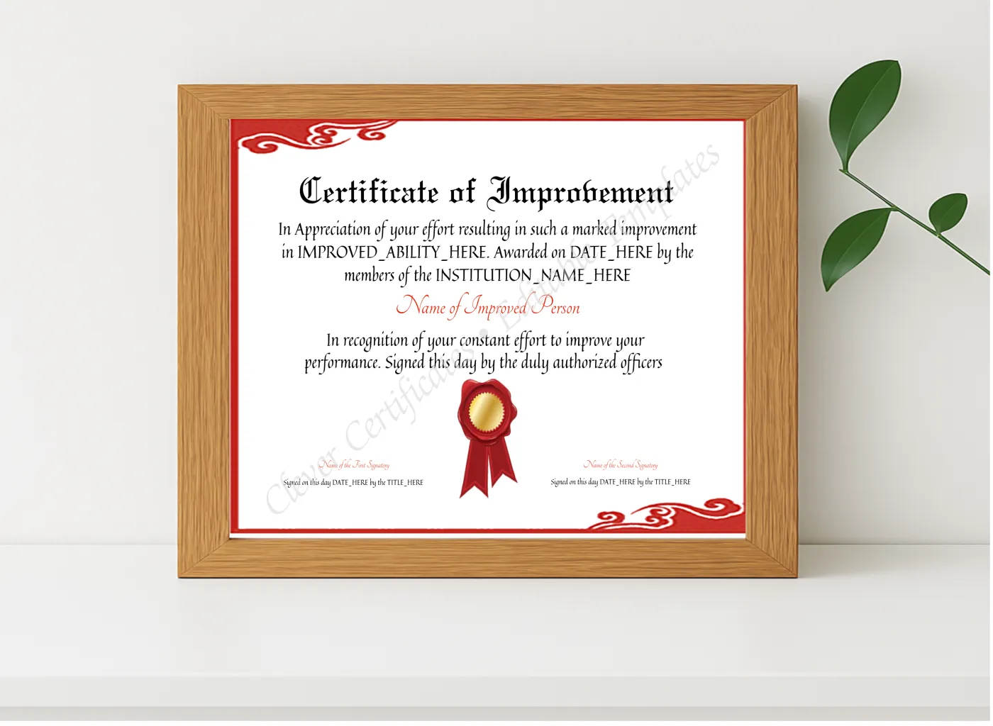 Realistic mockup featuring Editable Elegant Certificate Of Improvement displayed within a modern frame, set against a minimalistic background.