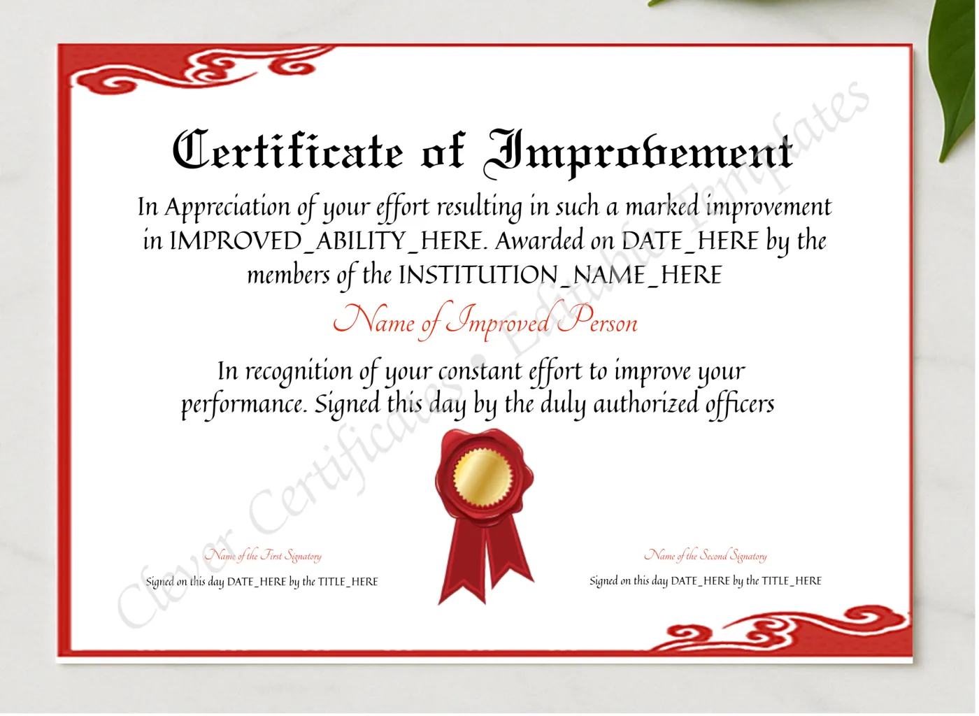 Editable Elegant Certificate Of Improvement presented in a sleek wooden frame, elegantly arranged on a stylish table.