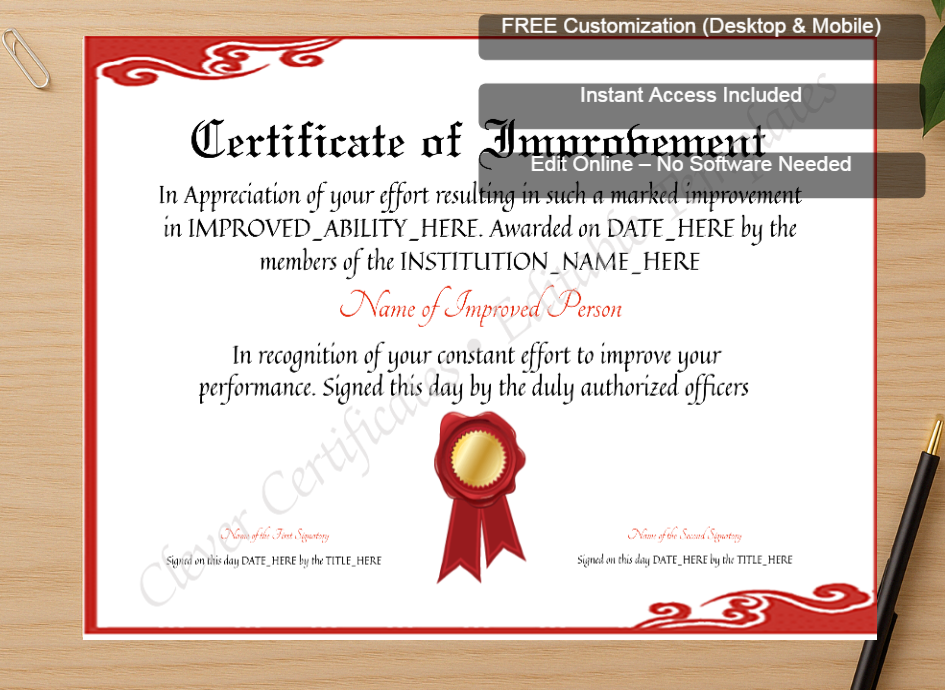 Zoomed preview with Free Editor badge stack for Editable Elegant Certificate Of Improvement
