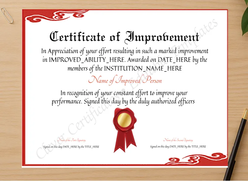 Professional preview of Editable Elegant Certificate Of Improvement certificate on high-quality stationery paper, ideal for showcasing the final look.