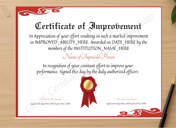 Professional preview of Editable Elegant Certificate Of Improvement certificate on high-quality stationery paper, ideal for showcasing the final look.
