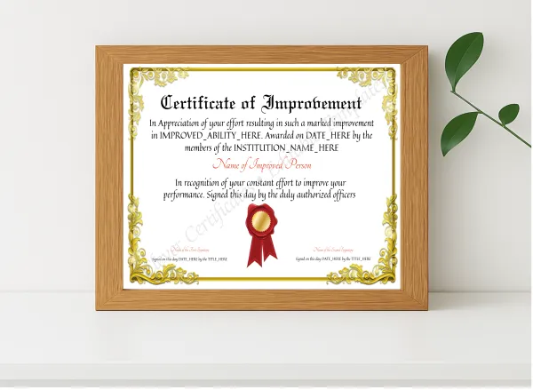 Realistic mockup featuring Printable Elegant Certificate Of Improvement displayed within a modern frame, set against a minimalistic background.