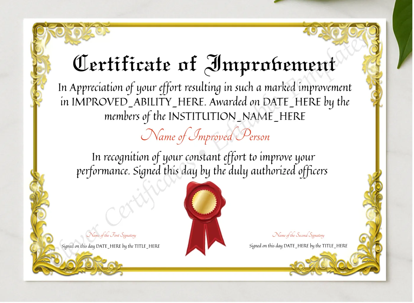 Printable Elegant Certificate Of Improvement presented in a sleek wooden frame, elegantly arranged on a stylish table.