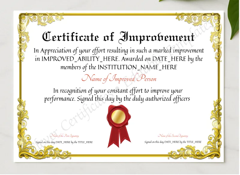 Printable Elegant Certificate Of Improvement presented in a sleek wooden frame, elegantly arranged on a stylish table.