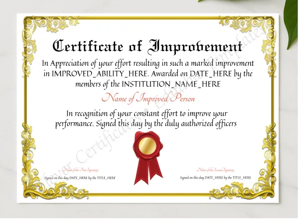 Printable Elegant Certificate Of Improvement presented in a sleek wooden frame, elegantly arranged on a stylish table.