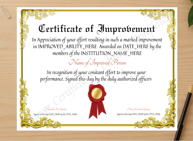 Professional preview of Printable Elegant Certificate Of Improvement certificate on high-quality stationery paper, ideal for showcasing the final look.