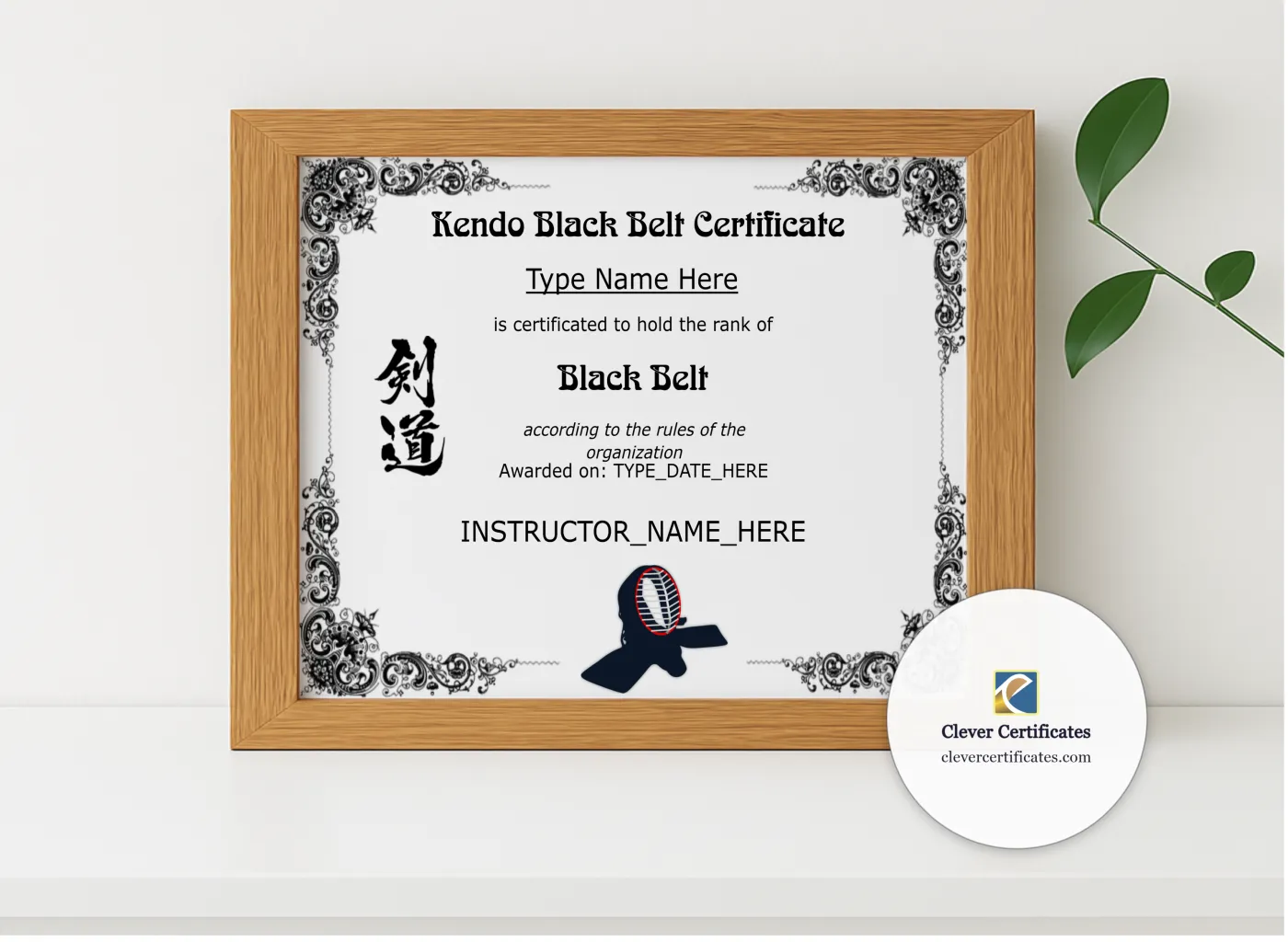 Realistic mockup featuring Kendo Black Belt Certificate displayed within a modern frame, set against a minimalistic background.