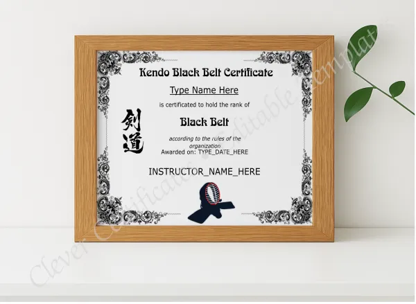Realistic mockup featuring Kendo Black Belt Certificate displayed within a modern frame, set against a minimalistic background.