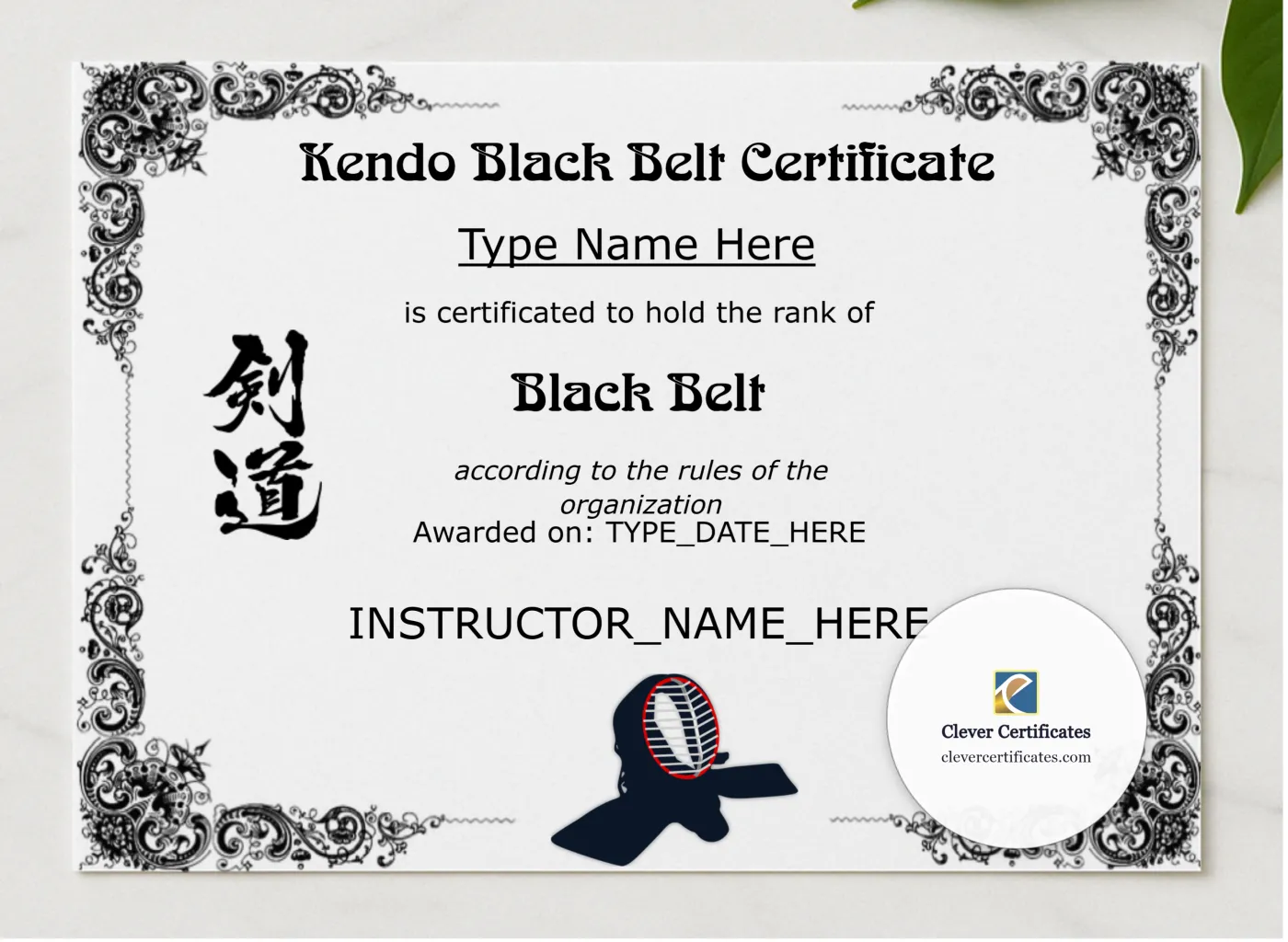 Kendo Black Belt Certificate presented in a sleek wooden frame, elegantly arranged on a stylish table.