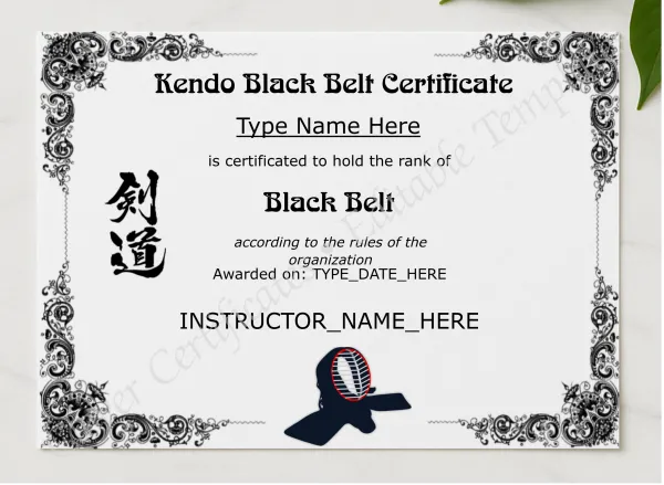 Kendo Black Belt Certificate presented in a sleek wooden frame, elegantly arranged on a stylish table.