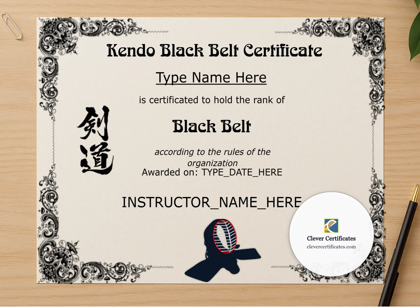 Professional preview of Kendo Black Belt Certificate certificate on high-quality stationery paper, ideal for showcasing the final look.