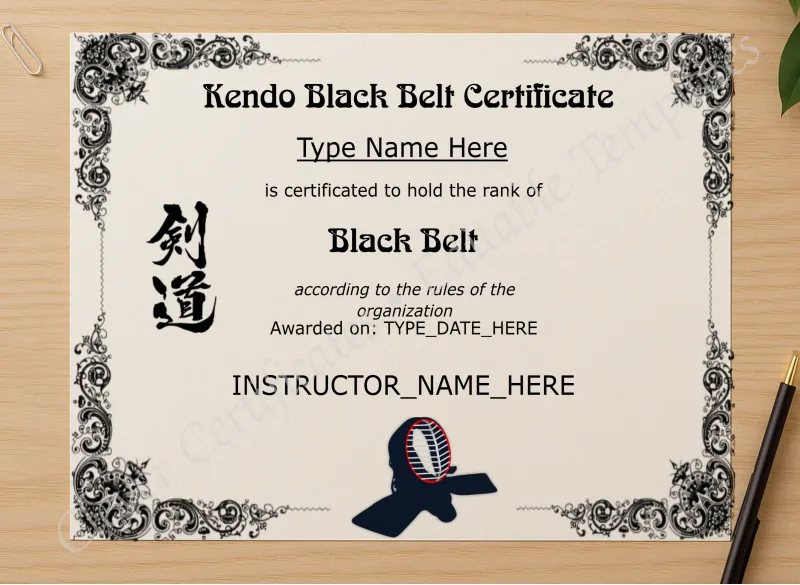 Professional preview of Kendo Black Belt Certificate certificate on high-quality stationery paper, ideal for showcasing the final look.