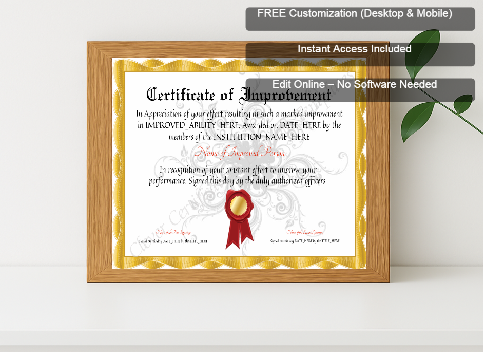 Premium mockup with Free Editor badge stack for Customizable Elegant Certificate Of Improvement