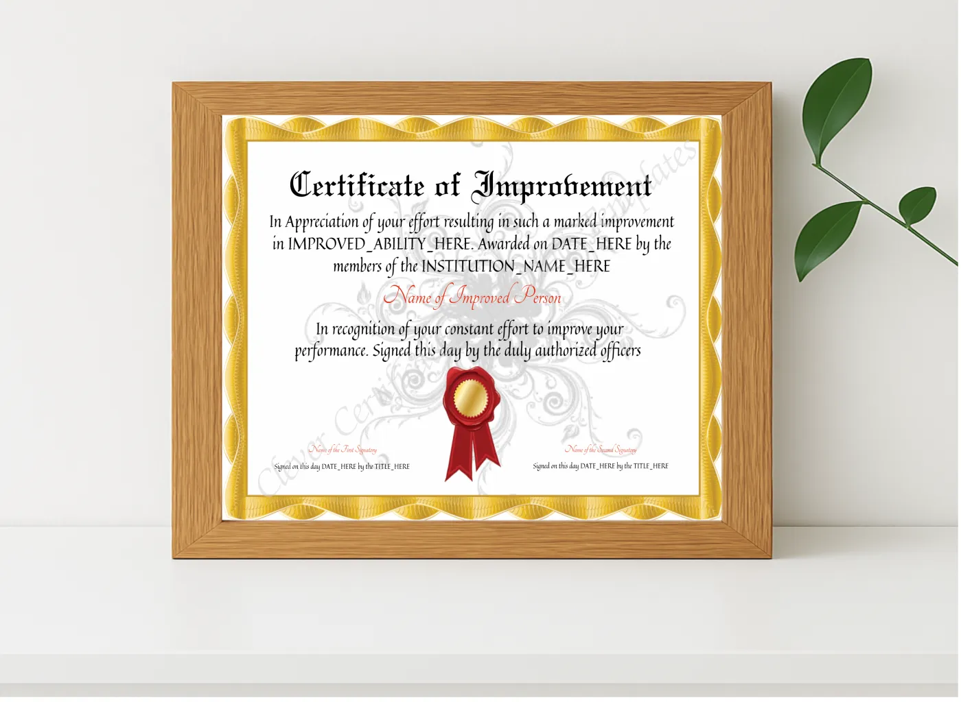 Realistic mockup featuring Customizable Elegant Certificate Of Improvement displayed within a modern frame, set against a minimalistic background.