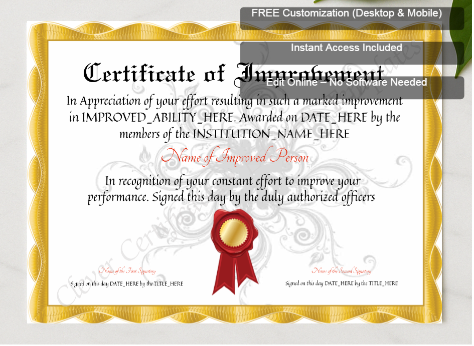 Framed preview featuring Free Editor badge stack for Customizable Elegant Certificate Of Improvement