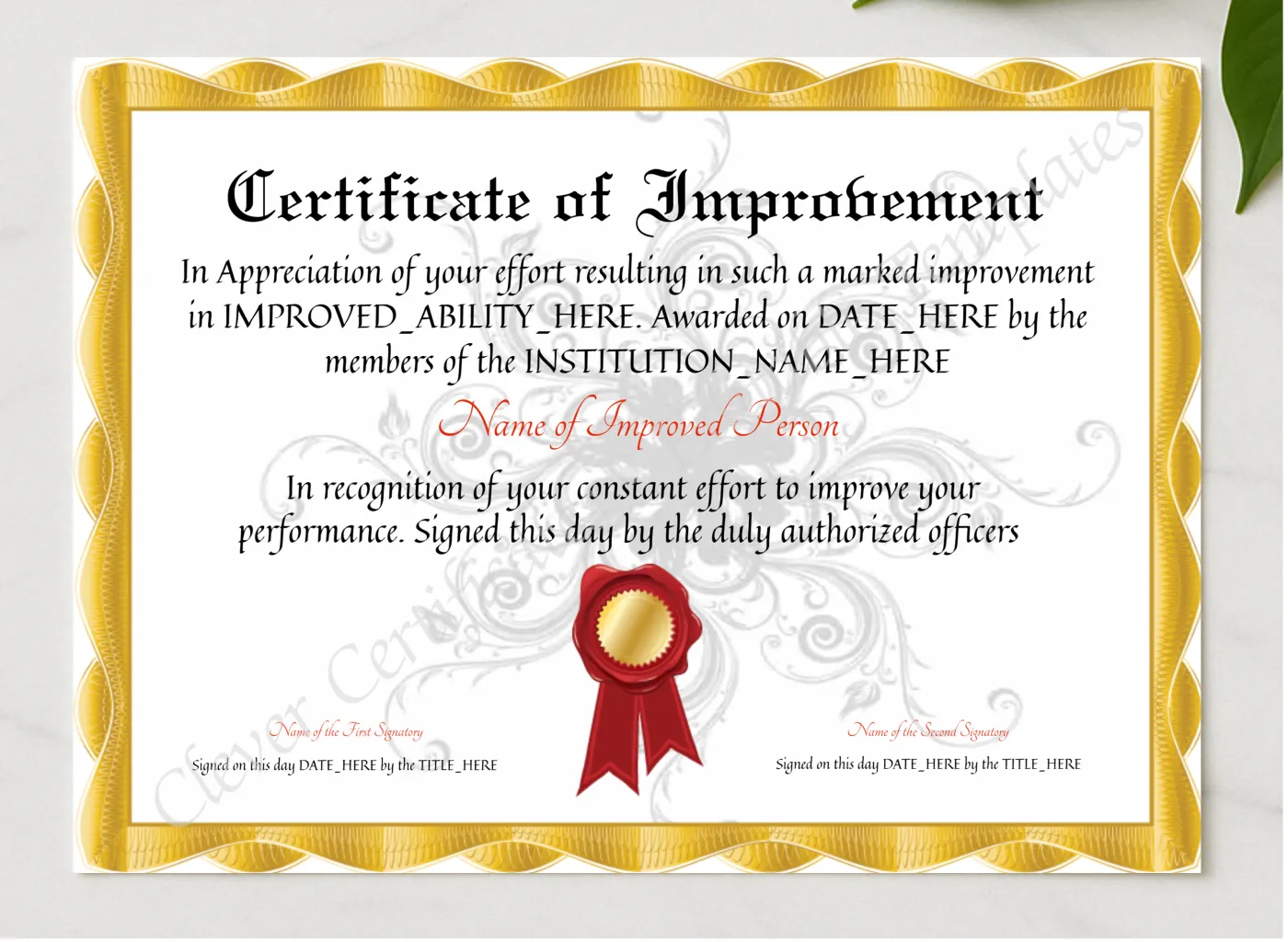 Customizable Elegant Certificate Of Improvement presented in a sleek wooden frame, elegantly arranged on a stylish table.