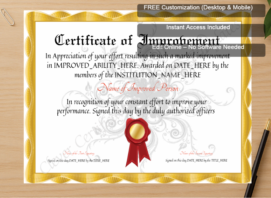 Zoomed preview with Free Editor badge stack for Customizable Elegant Certificate Of Improvement