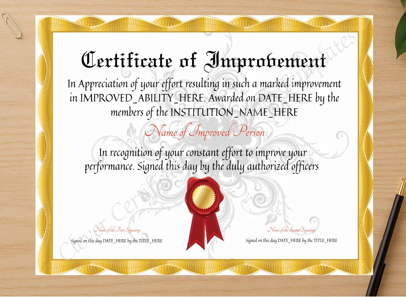 Professional preview of Customizable Elegant Certificate Of Improvement certificate on high-quality stationery paper, ideal for showcasing the final look.