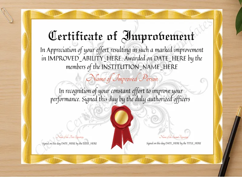 Professional preview of Customizable Elegant Certificate Of Improvement certificate on high-quality stationery paper, ideal for showcasing the final look.