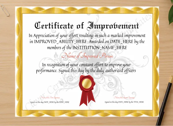 Professional preview of Customizable Elegant Certificate Of Improvement certificate on high-quality stationery paper, ideal for showcasing the final look.