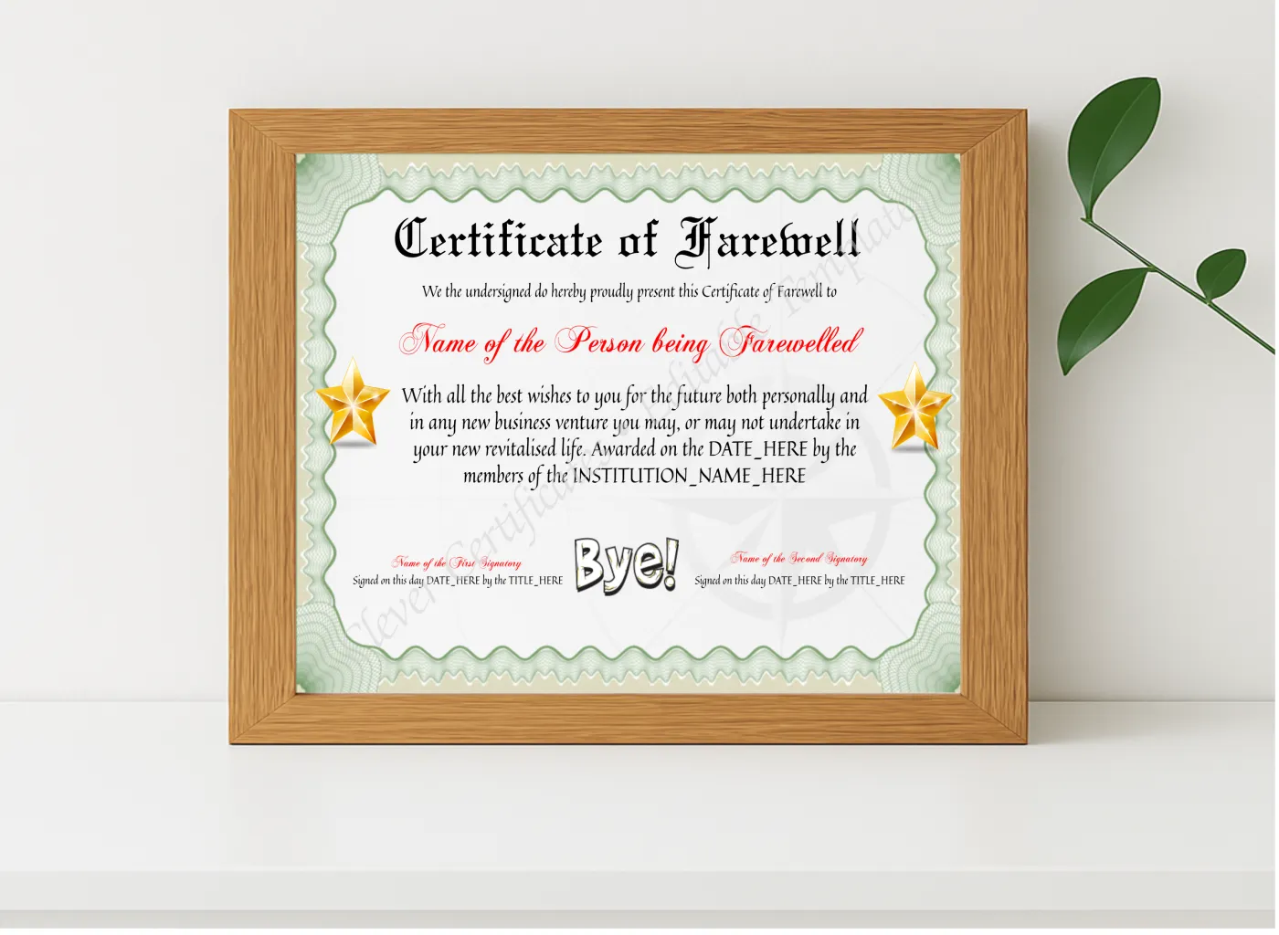 Realistic mockup featuring Customizable Certificate Of Farewell displayed within a modern frame, set against a minimalistic background.