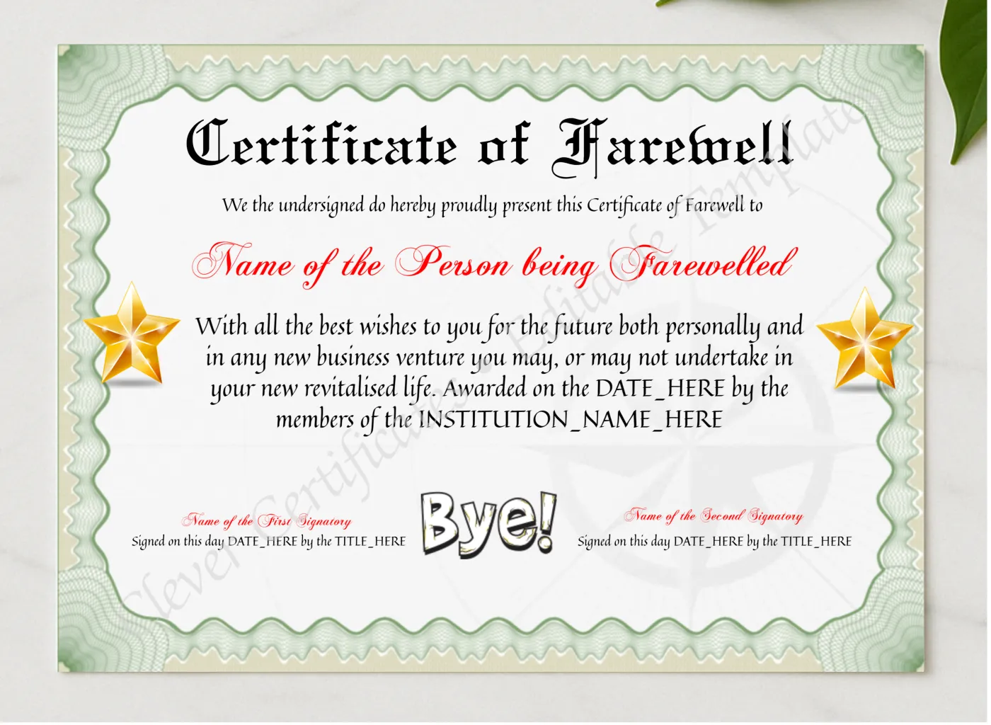 Customizable Certificate Of Farewell presented in a sleek wooden frame, elegantly arranged on a stylish table.