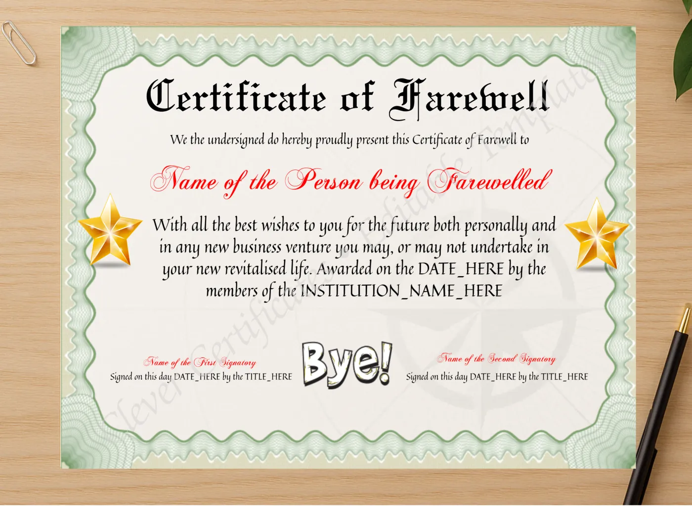 Professional preview of Customizable Certificate Of Farewell certificate on high-quality stationery paper, ideal for showcasing the final look.