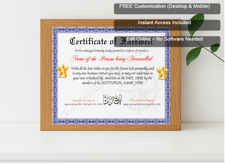 Premium mockup with Free Editor badge stack for Editable Elegant Certificate Of Farewell
