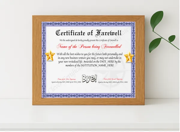 Realistic mockup featuring Editable Elegant Certificate Of Farewell displayed within a modern frame, set against a minimalistic background.