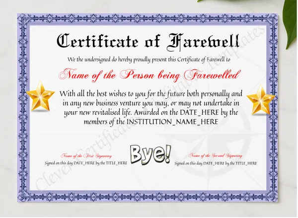 Editable Elegant Certificate Of Farewell presented in a sleek wooden frame, elegantly arranged on a stylish table.