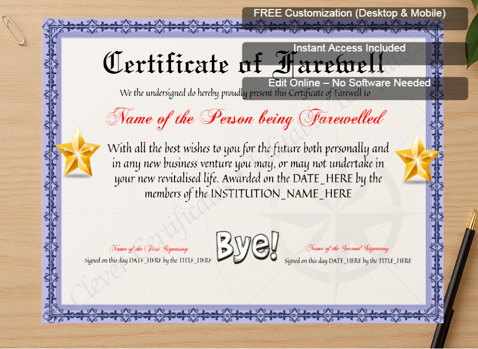 Zoomed preview with Free Editor badge stack for Editable Elegant Certificate Of Farewell