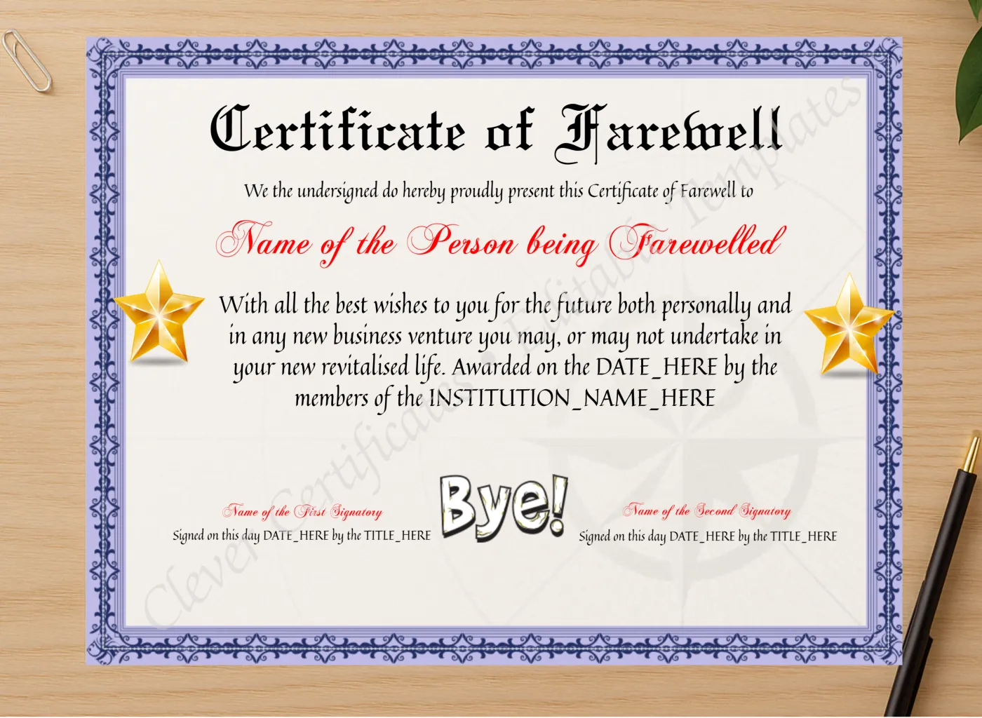 Professional preview of Editable Elegant Certificate Of Farewell certificate on high-quality stationery paper, ideal for showcasing the final look.