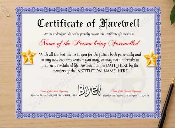 Professional preview of Editable Elegant Certificate Of Farewell certificate on high-quality stationery paper, ideal for showcasing the final look.