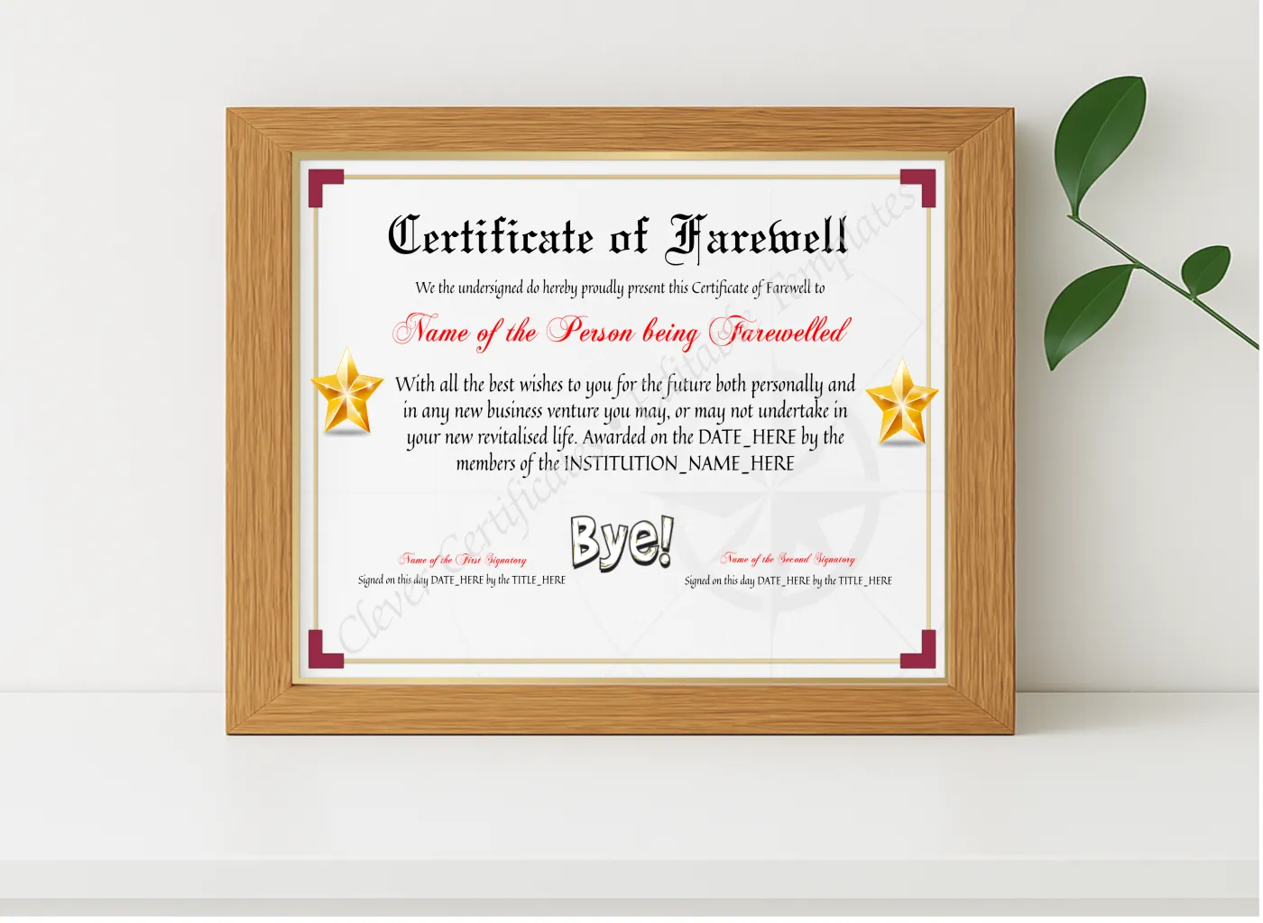 Realistic mockup featuring Printable Elegant Certificate Of Farewell displayed within a modern frame, set against a minimalistic background.