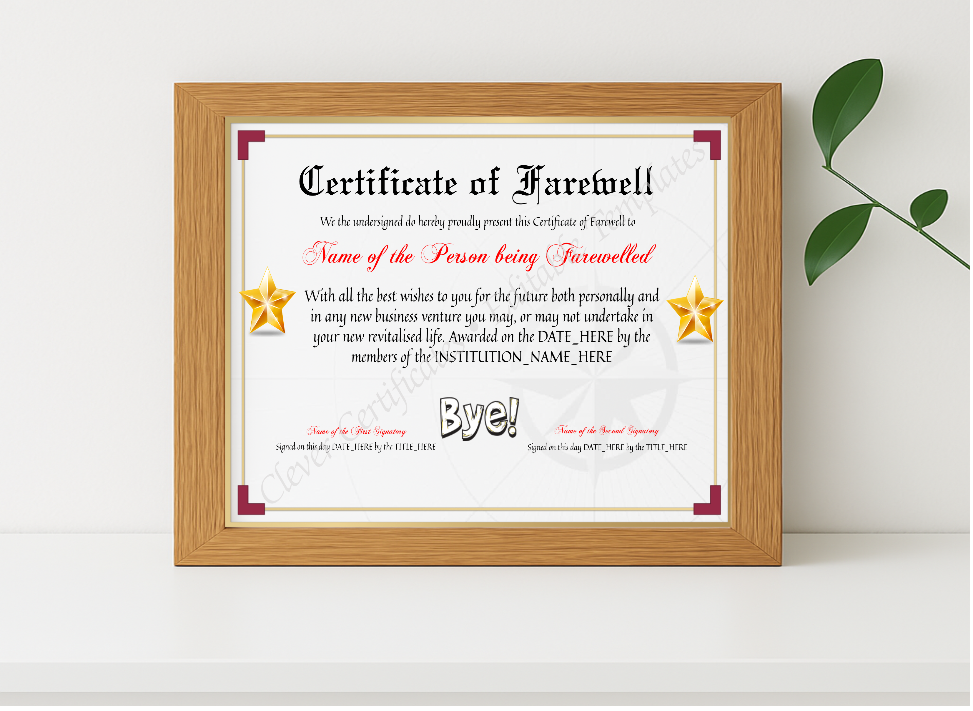 Realistic mockup featuring Printable Elegant Certificate Of Farewell displayed within a modern frame, set against a minimalistic background.