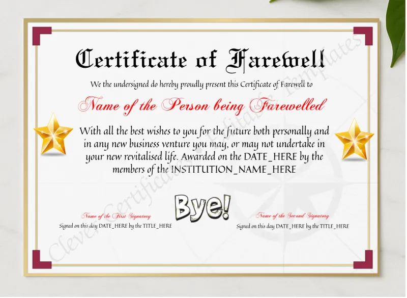 Printable Elegant Certificate Of Farewell presented in a sleek wooden frame, elegantly arranged on a stylish table.
