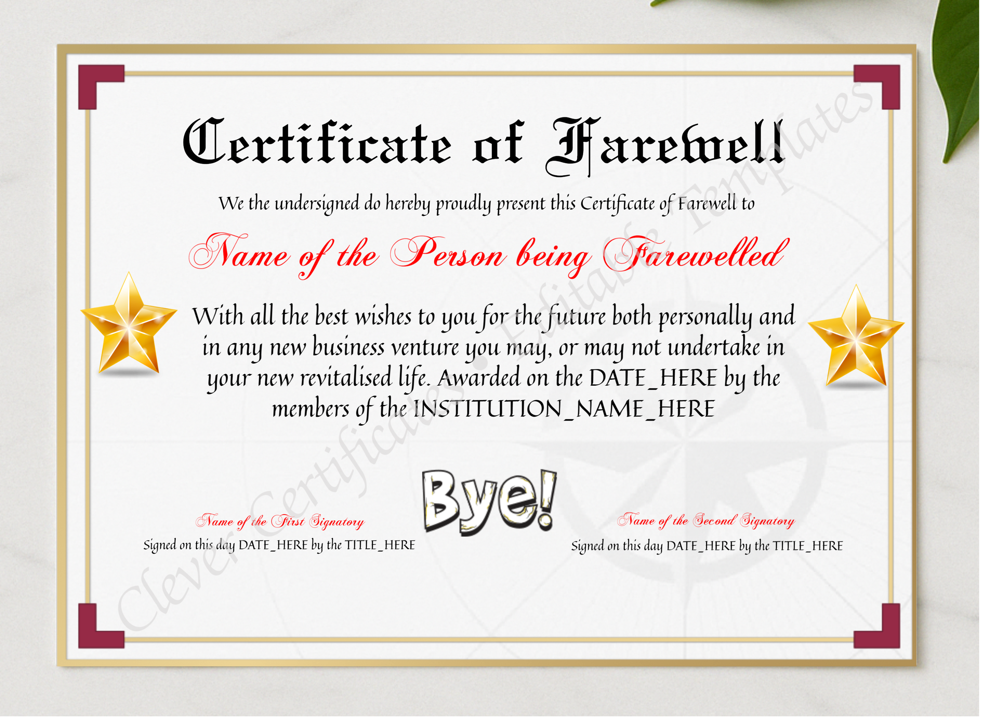 Printable Elegant Certificate Of Farewell presented in a sleek wooden frame, elegantly arranged on a stylish table.