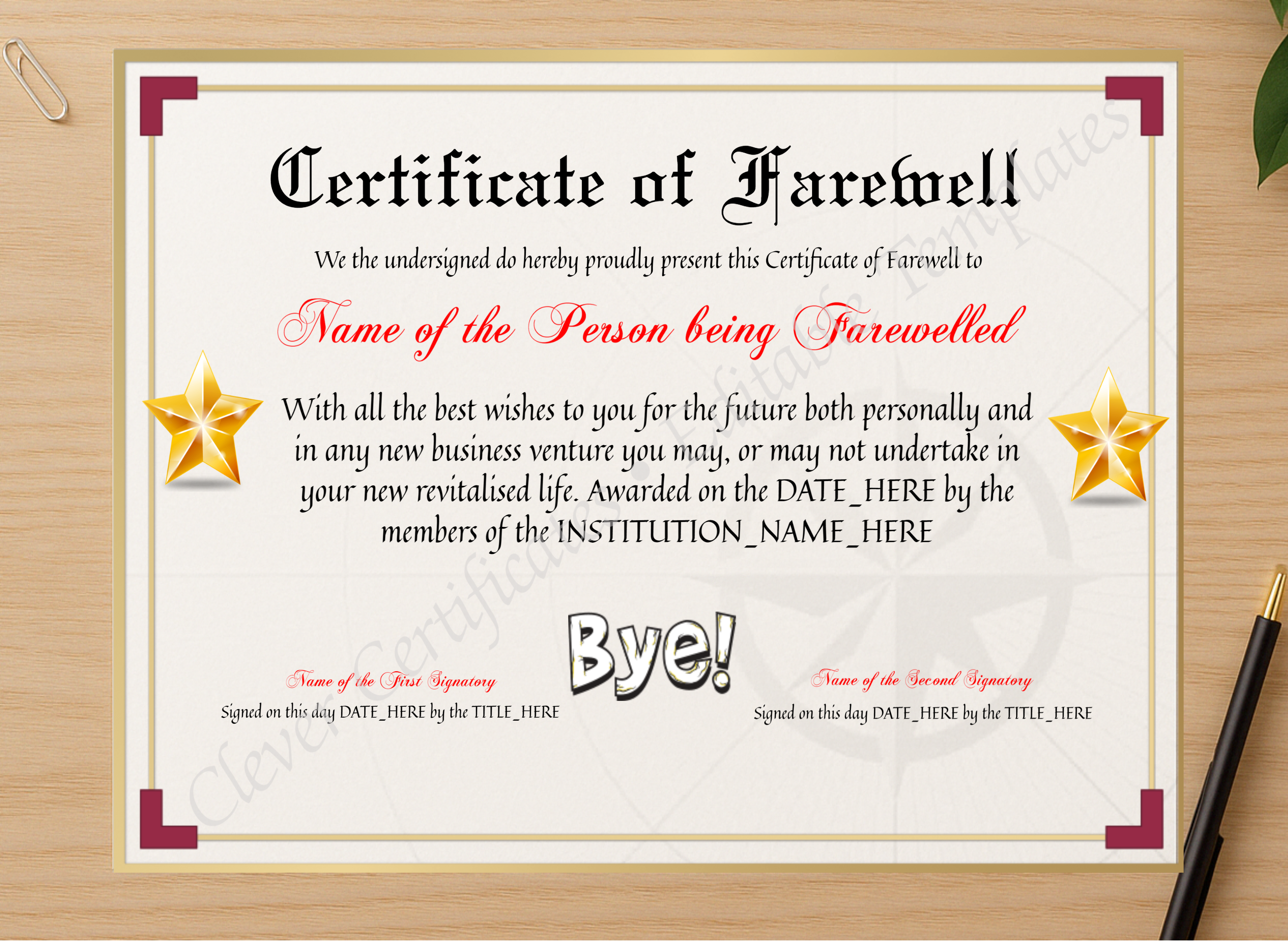 Professional preview of Printable Elegant Certificate Of Farewell certificate on high-quality stationery paper, ideal for showcasing the final look.