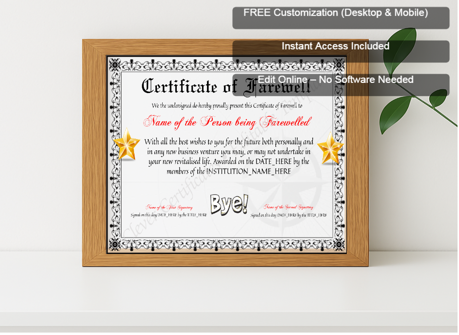 Premium mockup with Free Editor badge stack for Customizable Elegant Certificate Of Farewell