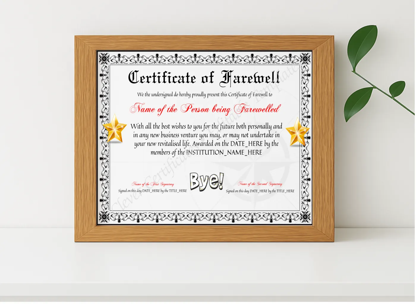 Realistic mockup featuring Customizable Elegant Certificate Of Farewell displayed within a modern frame, set against a minimalistic background.