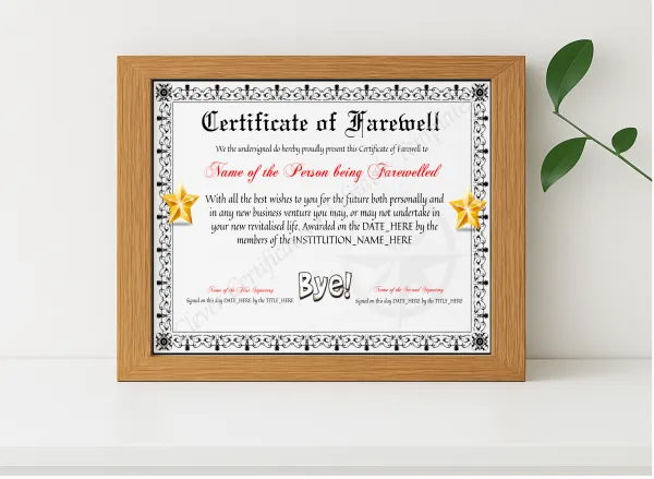 Realistic mockup featuring Customizable Elegant Certificate Of Farewell displayed within a modern frame, set against a minimalistic background.